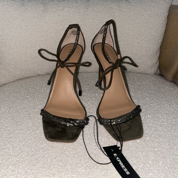 Express Suede and Crystal Strappy Sandal Heel in Olive - Picture 2 of 5